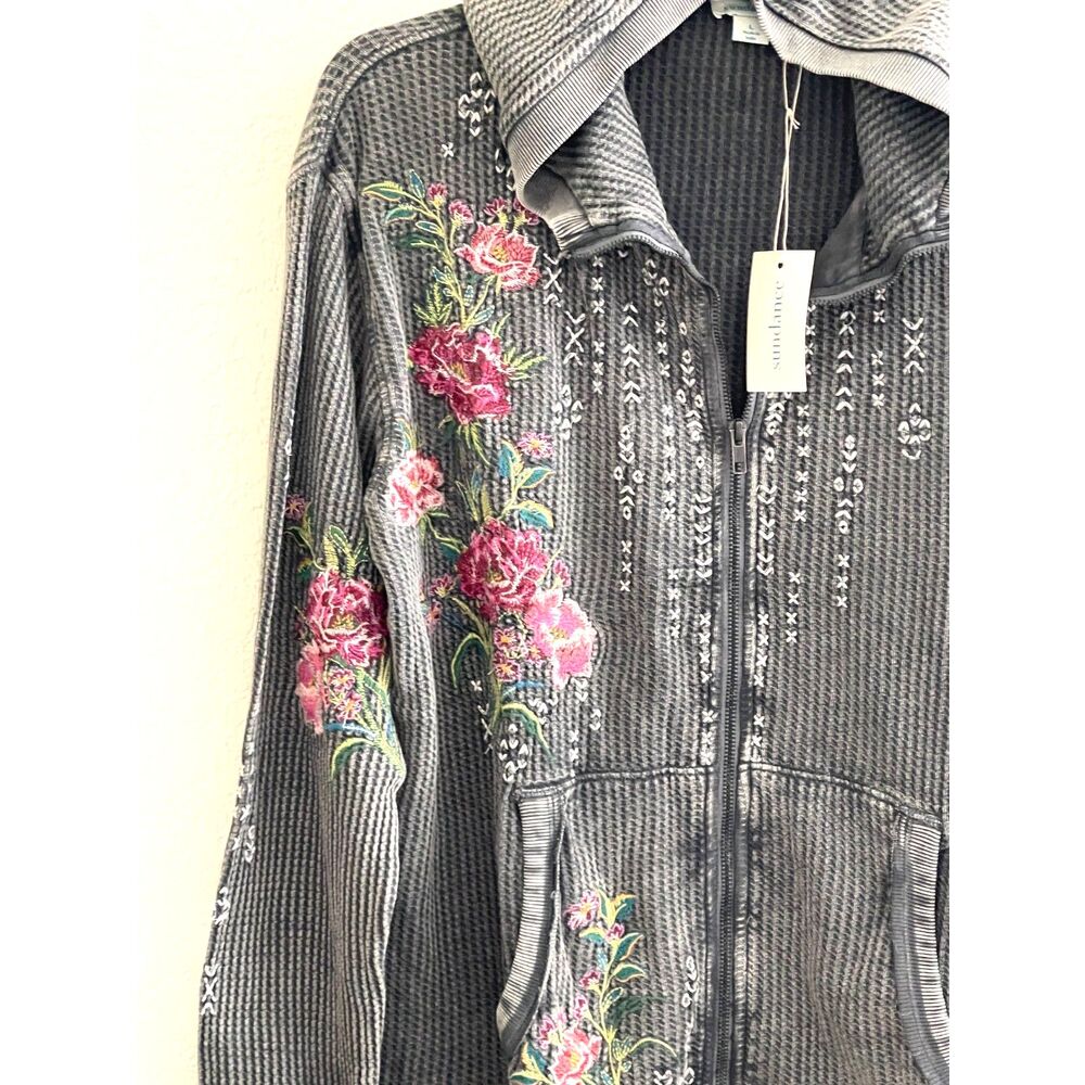 Sundance Rose Embroidered Zip Front 100% Cotton Hoodie Cardigan Tattoo Size L - Picture 3 of 10